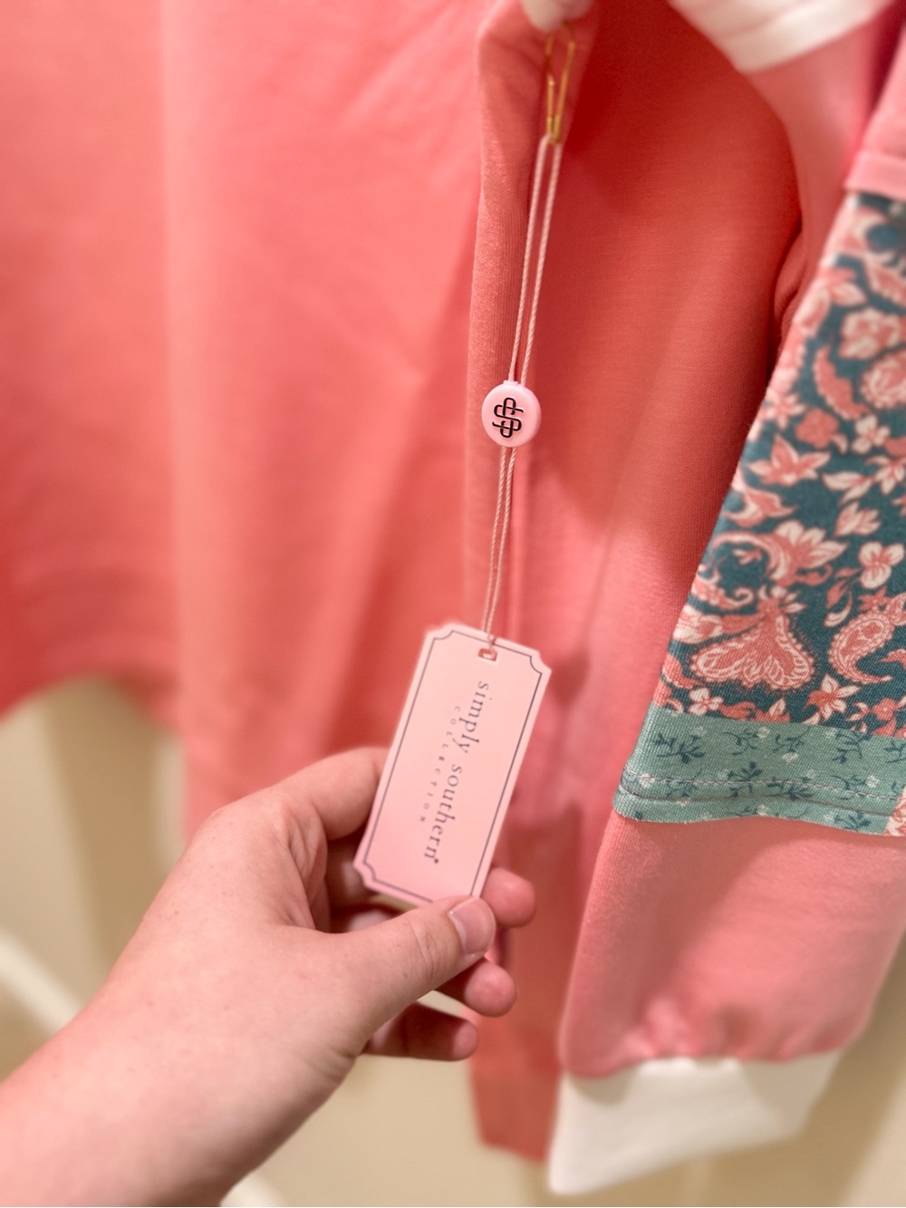 Simply Southern Pink Pullover with White Collar and Patterned Sleeve Panels - Picture 3 of 4